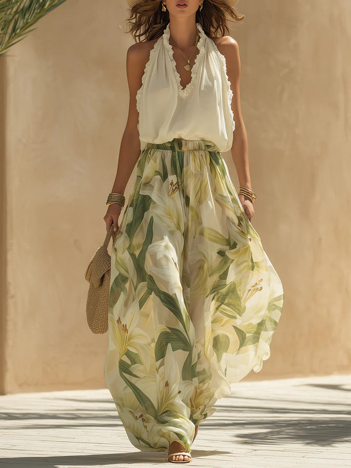 Alessandra - Top sans manches en chiffon avec volants et pantalon imprimé lys