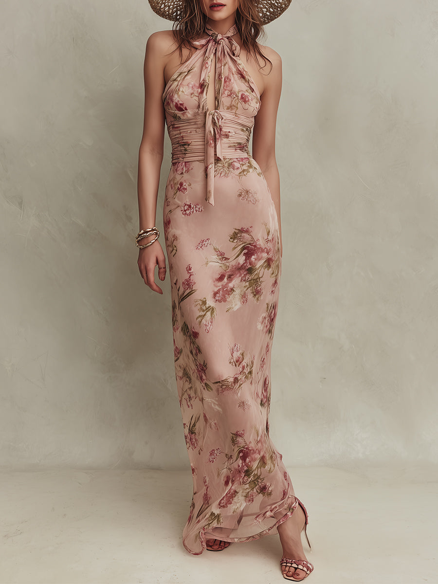 Lia - Robe Maxi en Chiffon Imprimé Floral Élégant avec Décolleté Keyhole