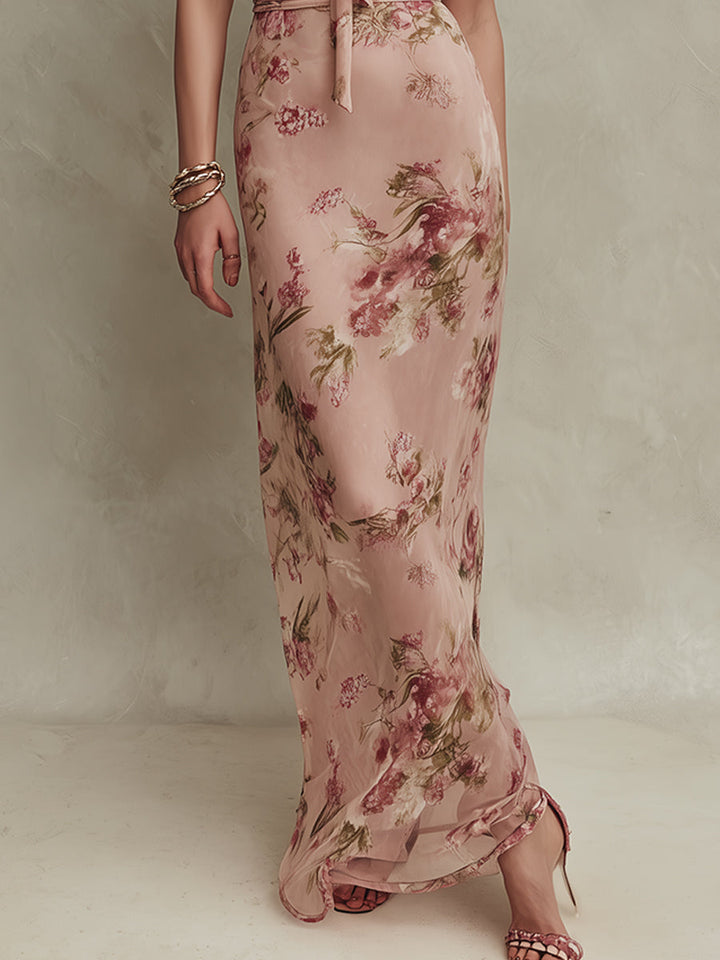 Lia - Robe Maxi en Chiffon Imprimé Floral Élégant avec Décolleté Keyhole