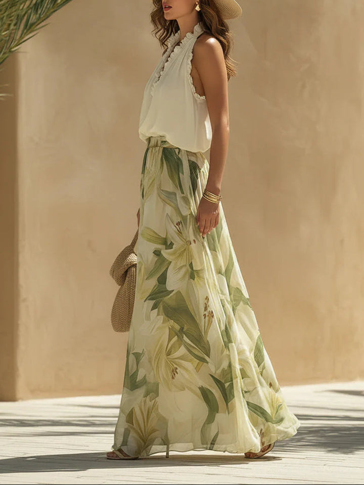 Alessandra - Top sans manches en chiffon avec volants et pantalon imprimé lys