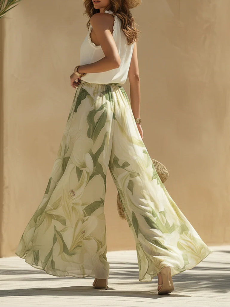Alessandra - Top sans manches en chiffon avec volants et pantalon imprimé lys