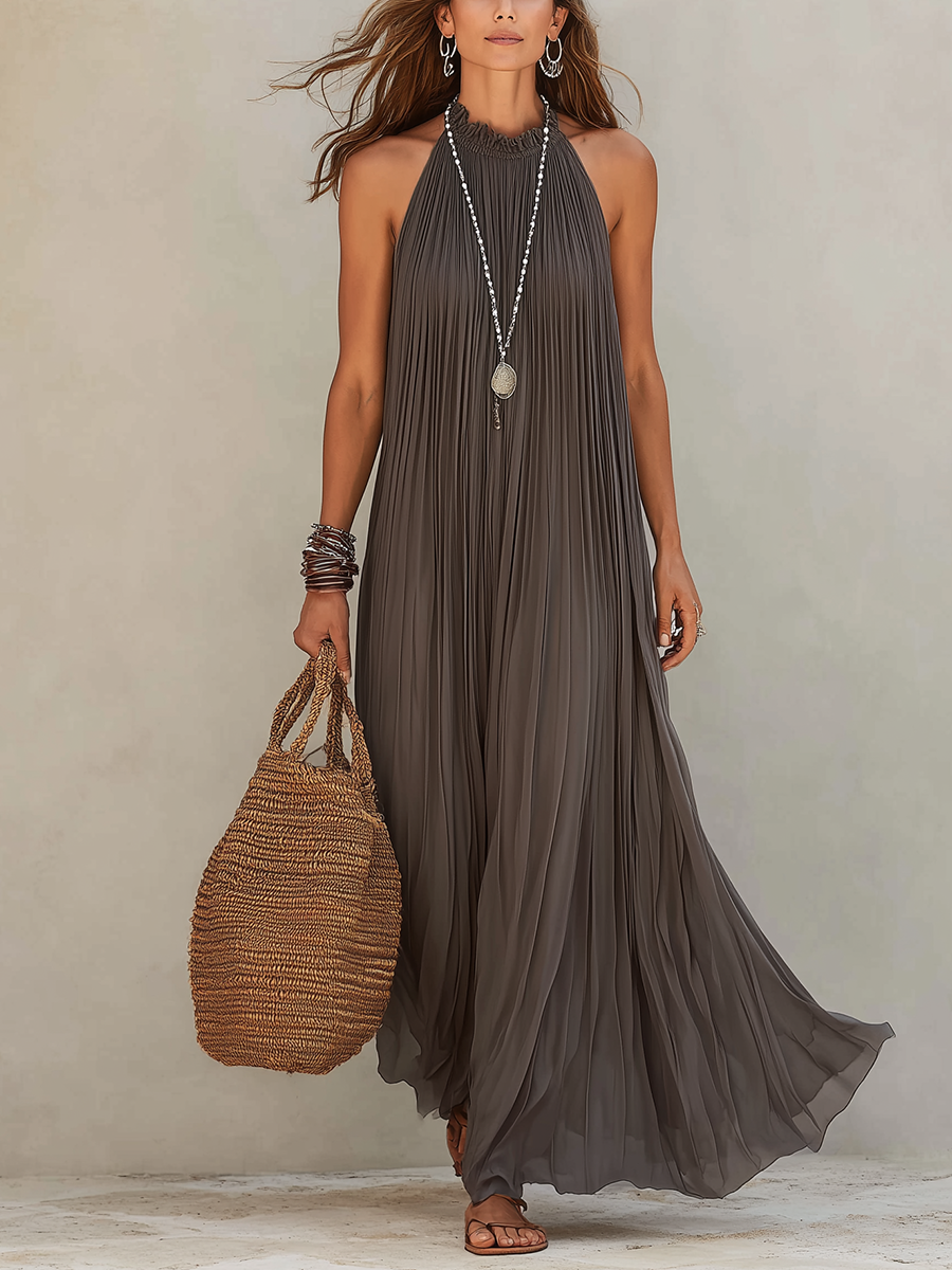 LIRA | Maxi Robe Halter Plissée Grise