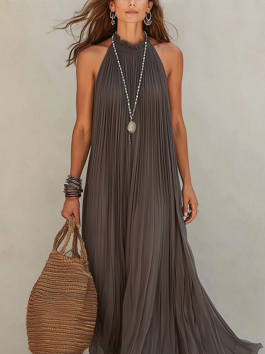 LIRA | Maxi Robe Halter Plissée Grise