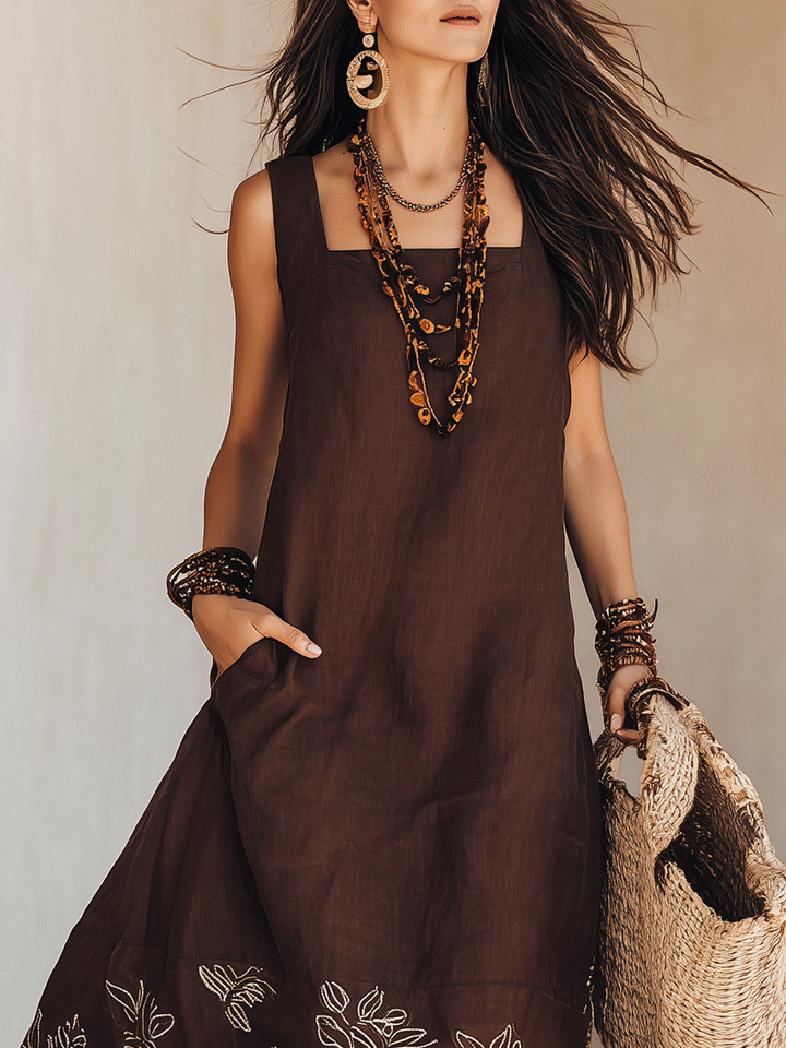 NOEMI | Robe Midi en Lin Bohème Brodée