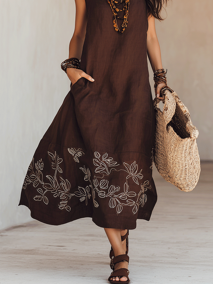 NOEMI | Robe Midi en Lin Bohème Brodée