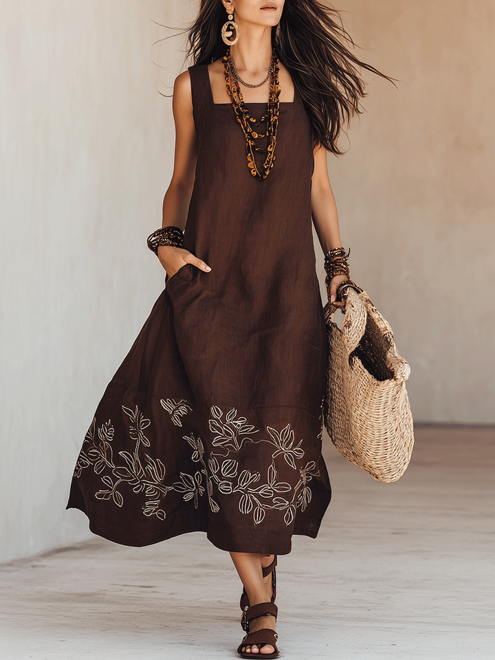 NOEMI | Robe Midi en Lin Bohème Brodée