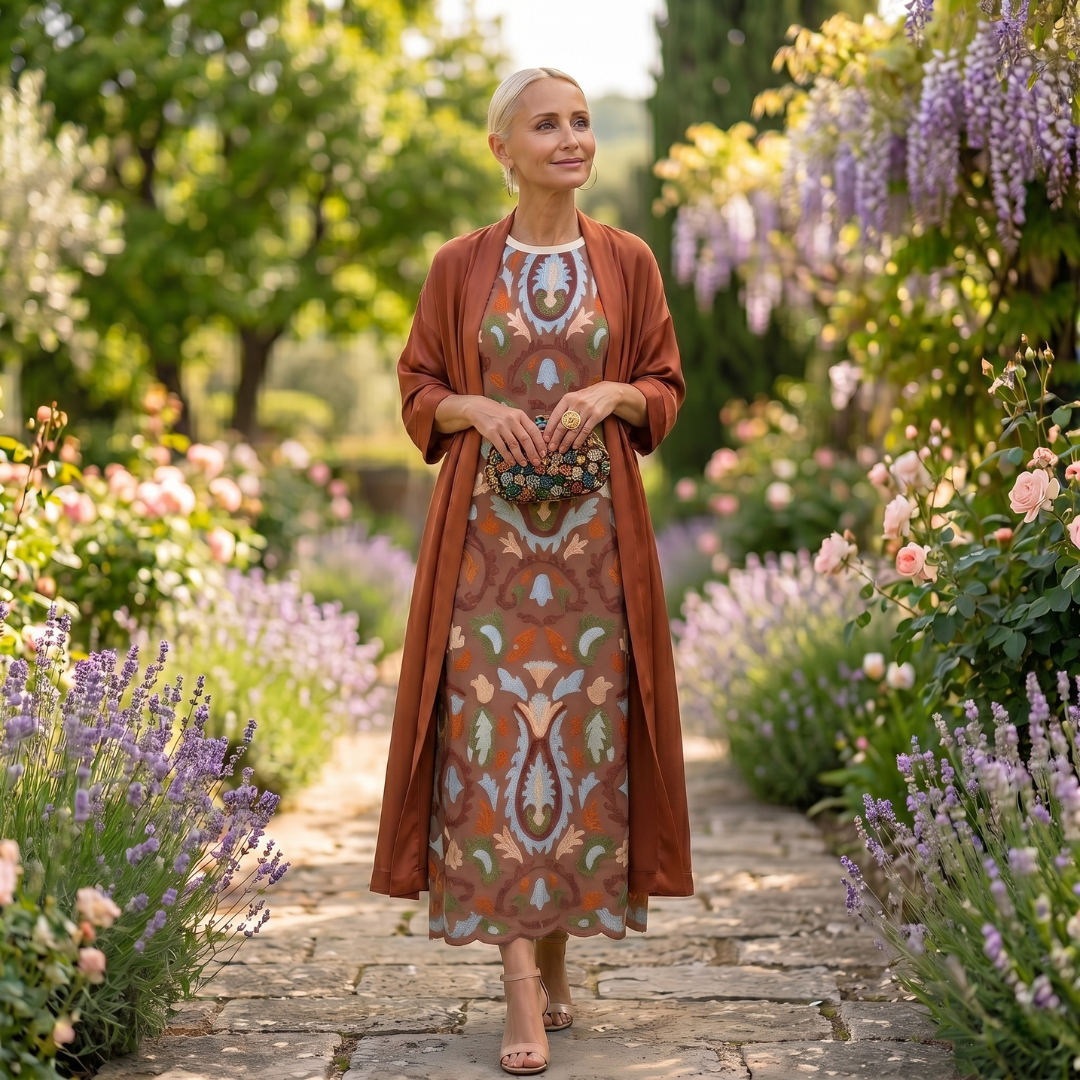 Aura | Robe Longue Imprimée avec Gilet Coordonné