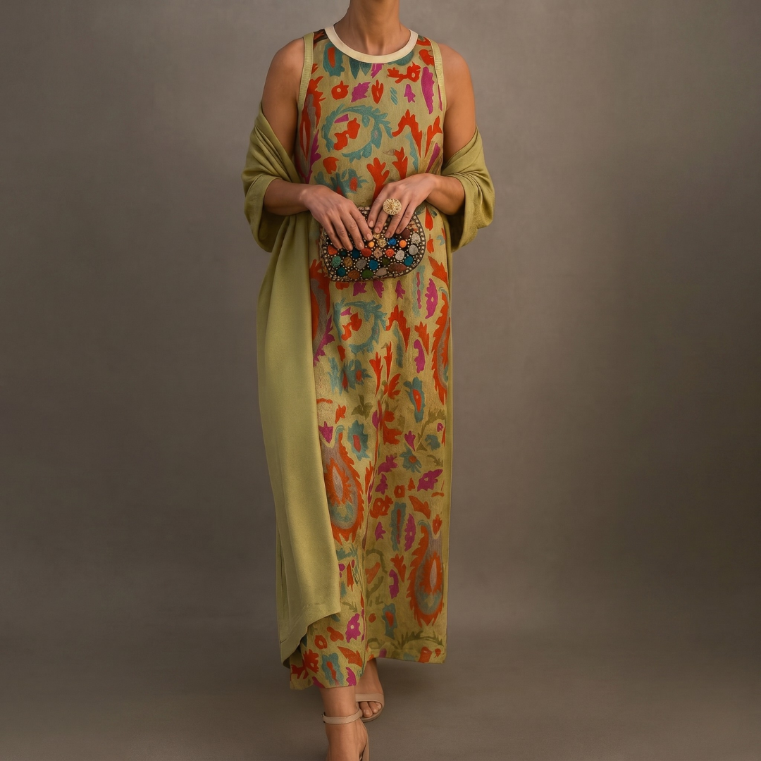 Aura | Robe Longue Imprimée avec Gilet Coordonné