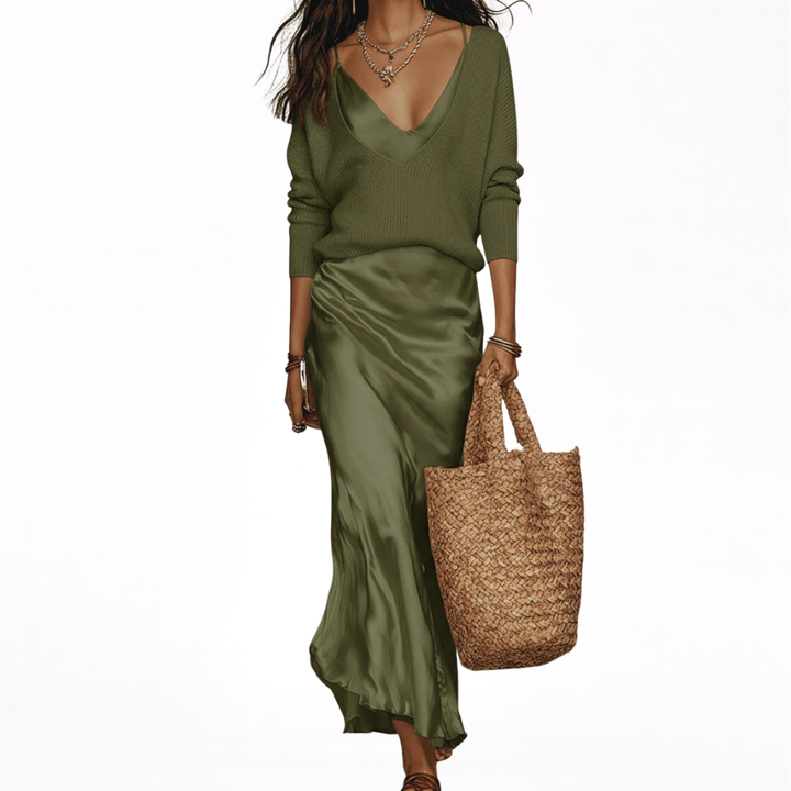 Elena | Robe Midi Satinée avec Pull Inclus