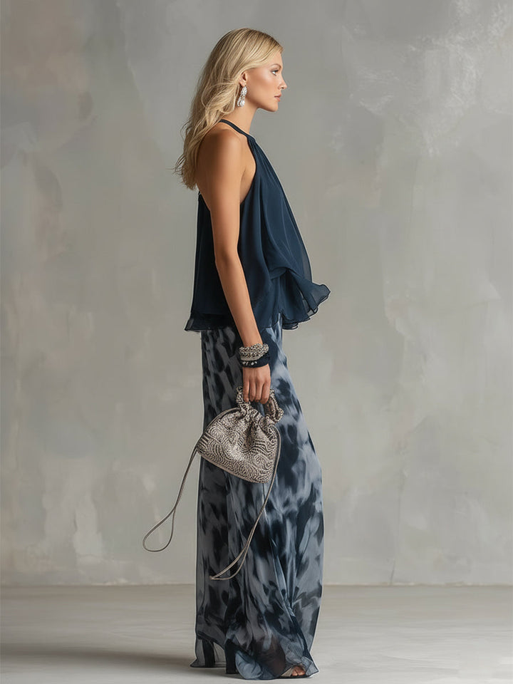 Ludovica - élégant en chiffon avec un haut à col montant et un pantalon large imprimé