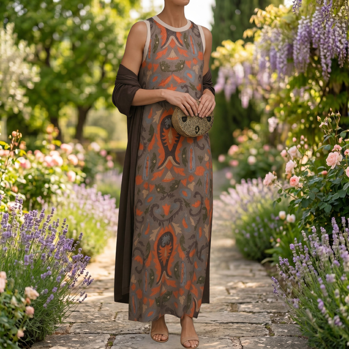 Aura | Robe Longue Imprimée avec Gilet Coordonné