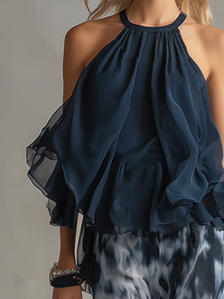 Ludovica - élégant en chiffon avec un haut à col montant et un pantalon large imprimé