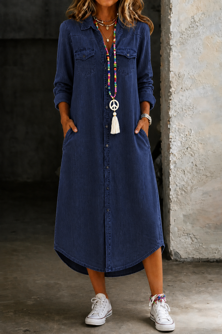 Helen | Robe Chemise en Jean Longue Élégante et Décontractée