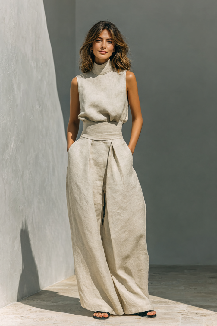 Maria - Ensemble de débardeur et de pantalons larges en coton et lin minimaliste pour femme