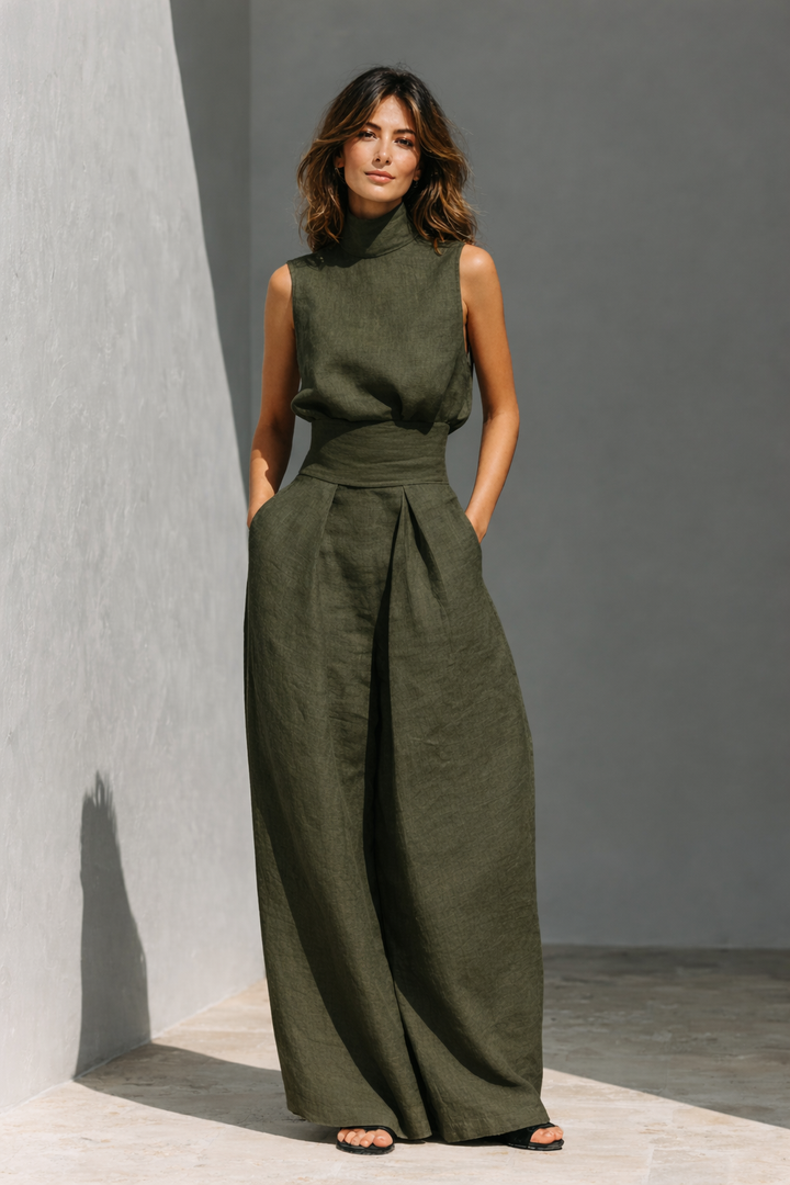 Maria - Ensemble de débardeur et de pantalons larges en coton et lin minimaliste pour femme