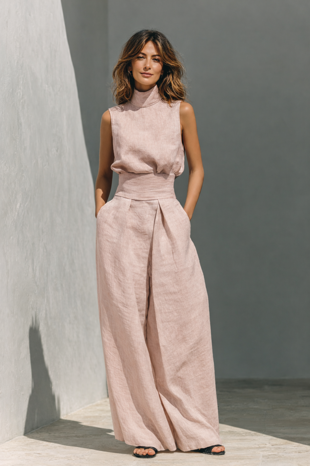 Maria - Ensemble de débardeur et de pantalons larges en coton et lin minimaliste pour femme