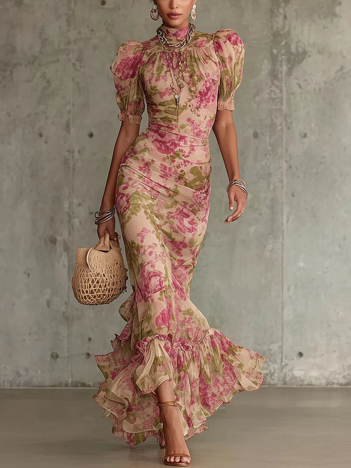 Fiora - Robe longue avec imprimé de roses vintage et manches bouffantes
