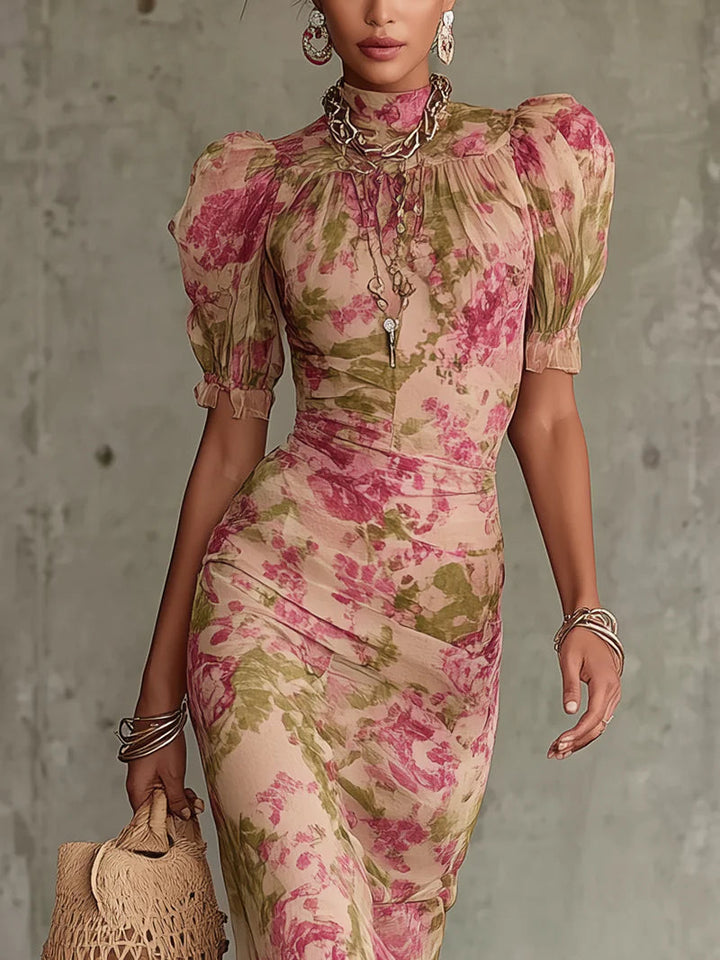 Fiora - Robe longue avec imprimé de roses vintage et manches bouffantes