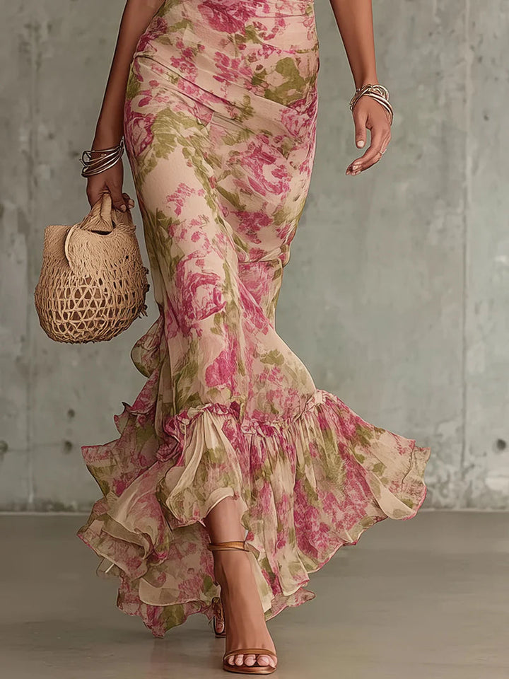 Fiora - Robe longue avec imprimé de roses vintage et manches bouffantes