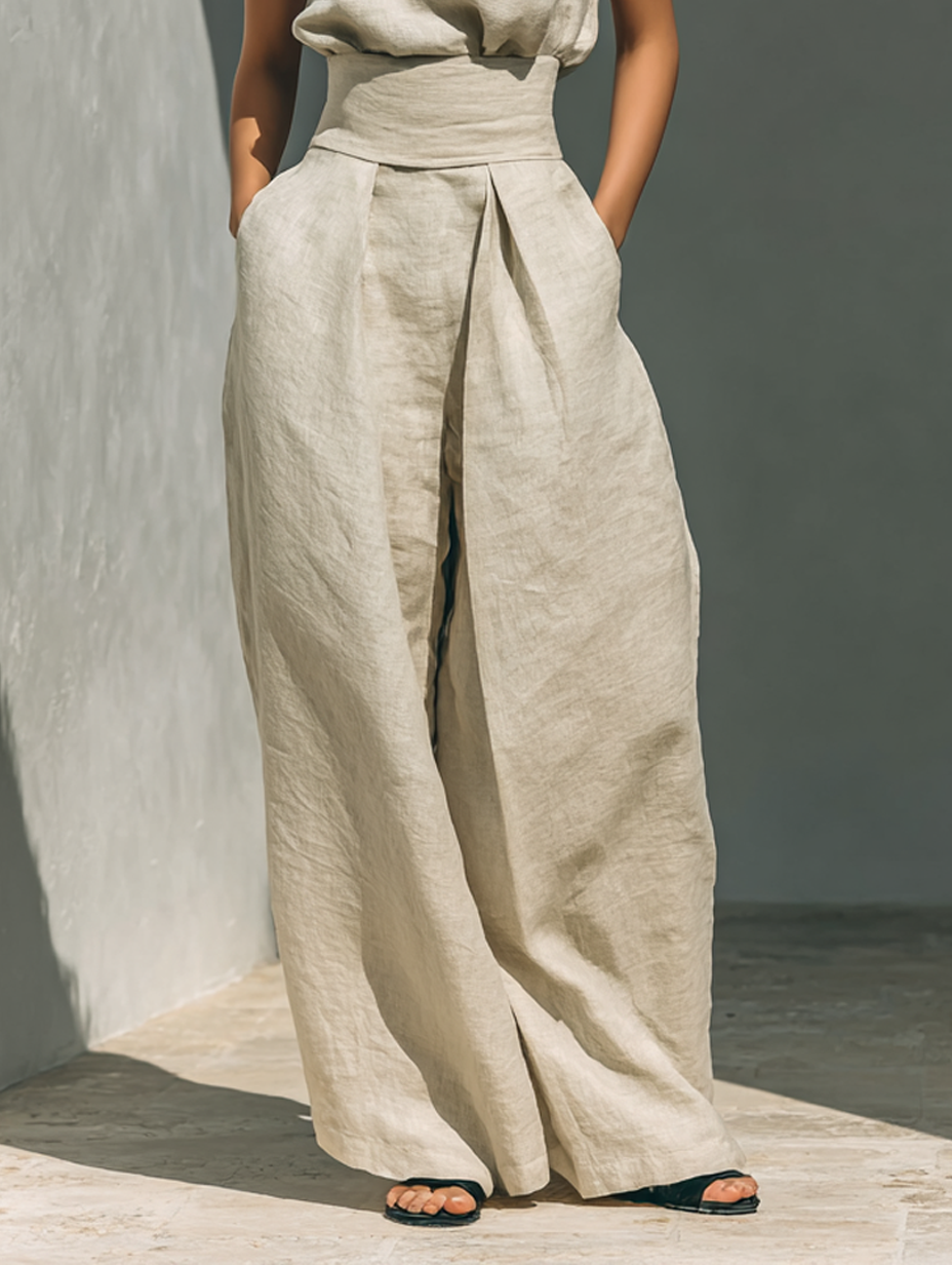 Aurora | Ensemble composé d'un haut beige sans manches et d'un pantalon à jambes larges