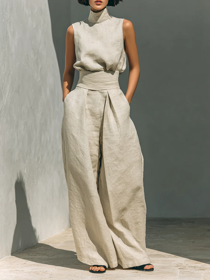 Aurora | Ensemble composé d'un haut beige sans manches et d'un pantalon à jambes larges