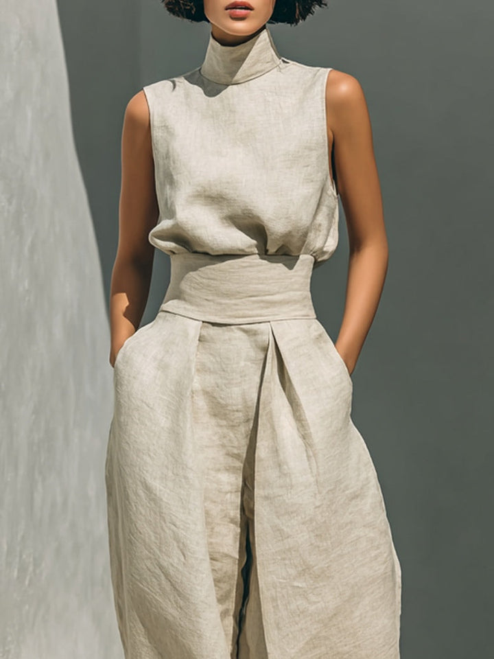 Aurora | Ensemble composé d'un haut beige sans manches et d'un pantalon à jambes larges