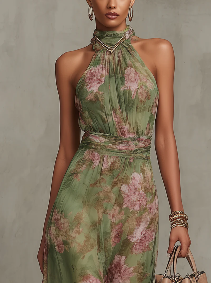 Serena - Robe longue en chiffon floral vert avec décolleté halter