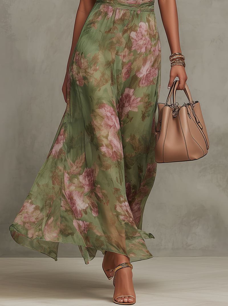 Serena - Robe longue en chiffon floral vert avec décolleté halter