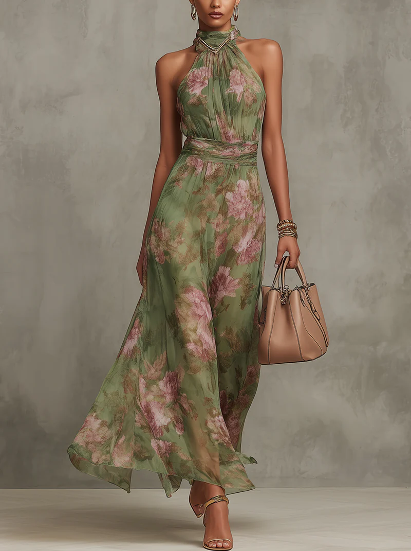 Serena - Robe longue en chiffon floral vert avec décolleté halter