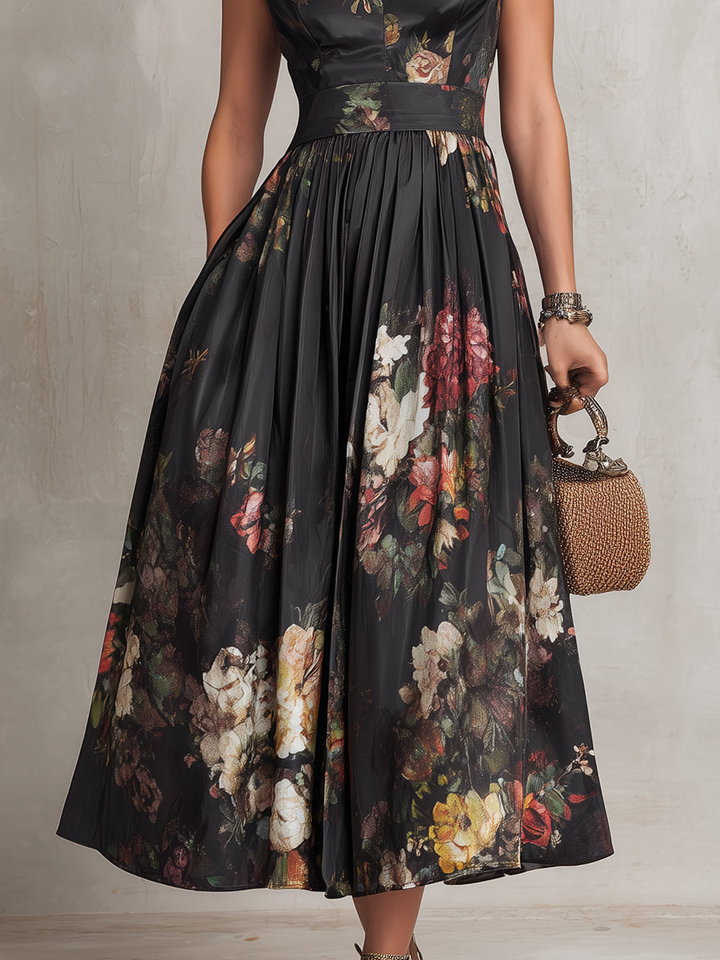 Violetta - Robe Midi Noire en Satin Plissé avec Motif Floral et Décolleté en O