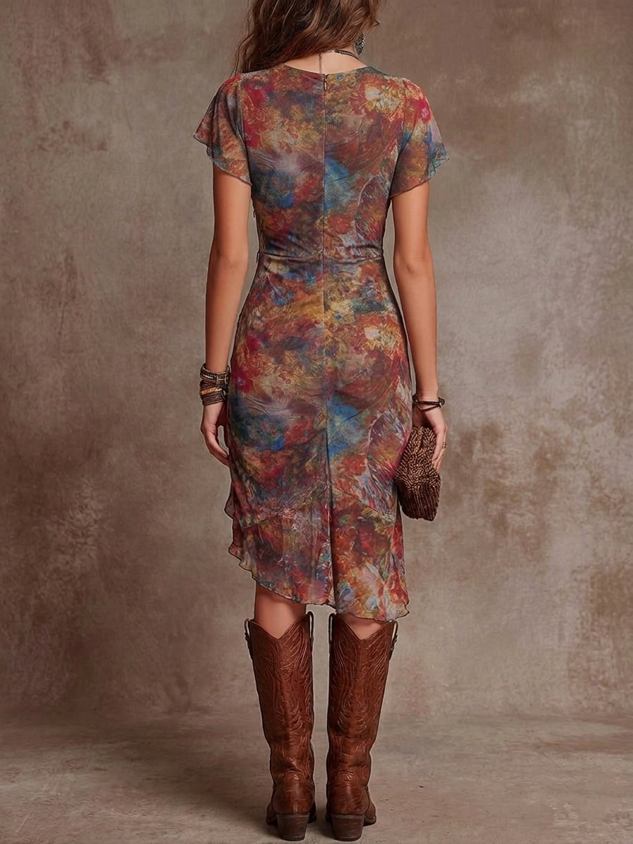 Martina - Robe Midi Plissée avec Décolleté en V, Imprimé Art Abstrait dans un Style Bohémien