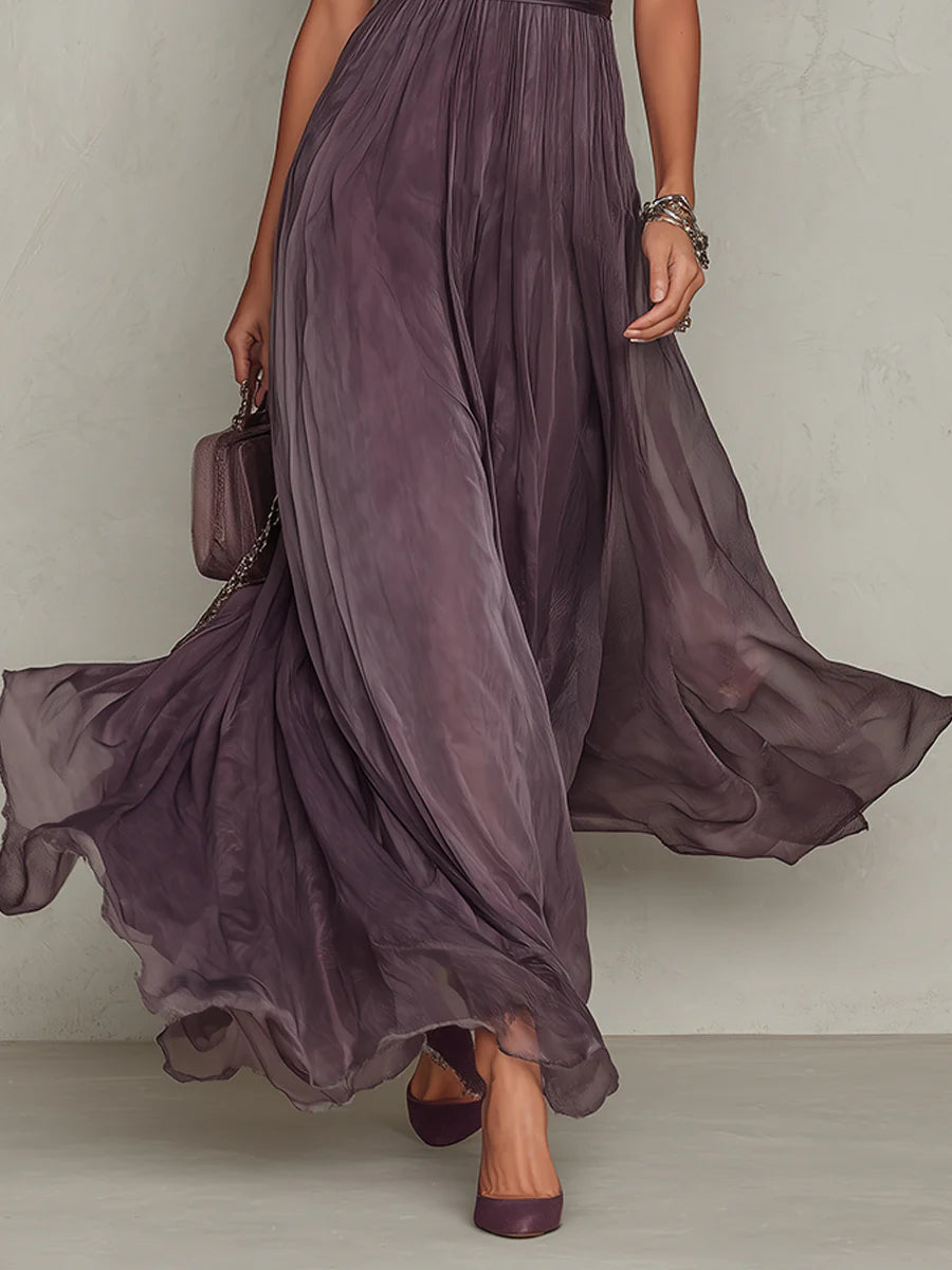 Flavia | Robe Longue Violette avec Décolleté en O, Finition en Dentelle Chiffon