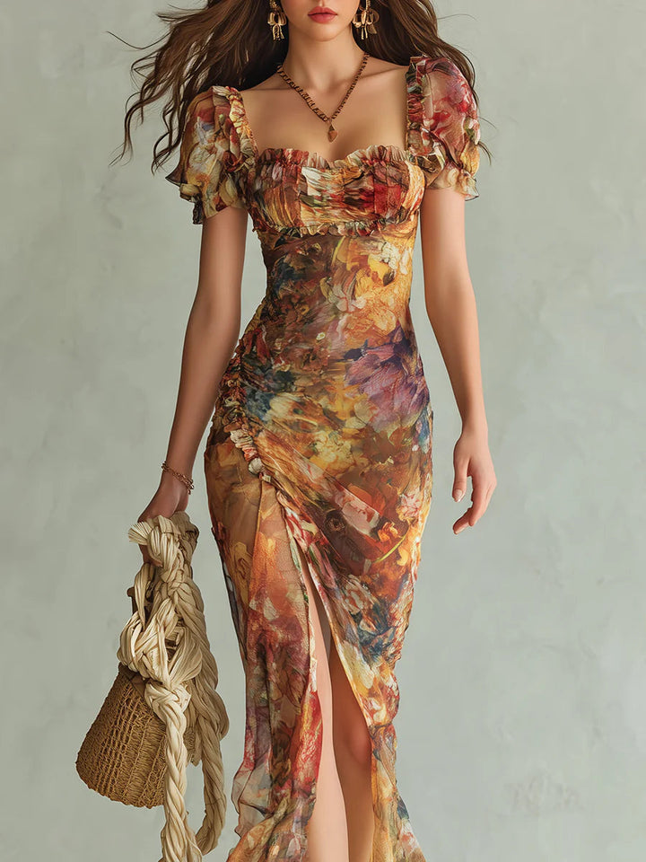 Viola | Robe longue en chiffon orange avec impression de peinture à l'huile de style bohème