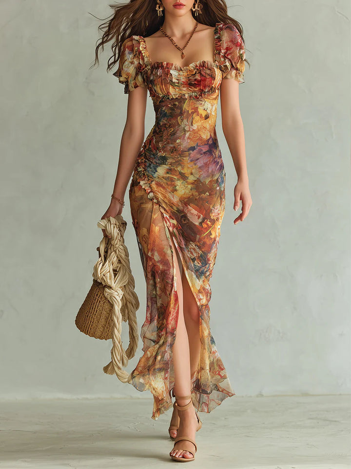 Viola | Robe longue en chiffon orange avec impression de peinture à l'huile de style bohème