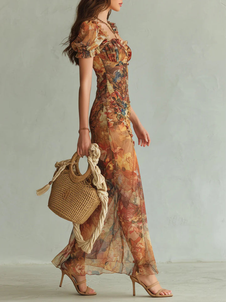 Viola | Robe longue en chiffon orange avec impression de peinture à l'huile de style bohème