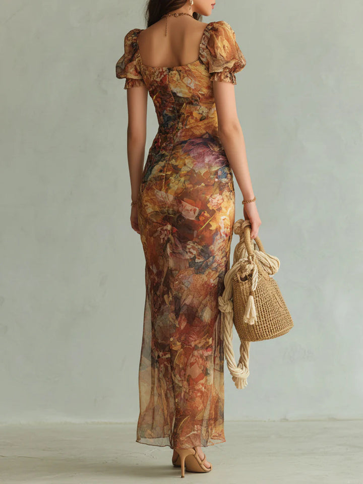 Viola | Robe longue en chiffon orange avec impression de peinture à l'huile de style bohème
