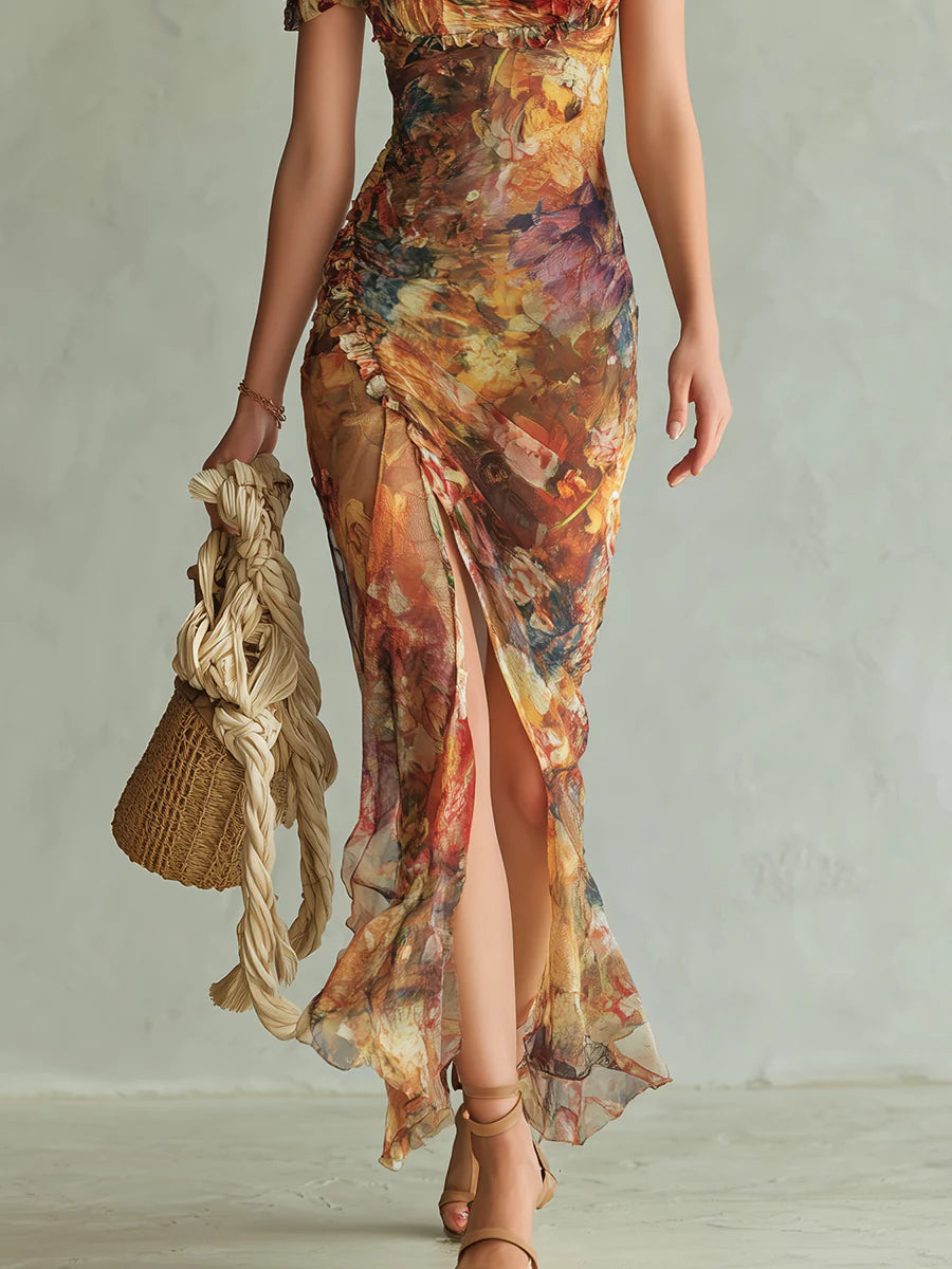 Viola | Robe longue en chiffon orange avec impression de peinture à l'huile de style bohème