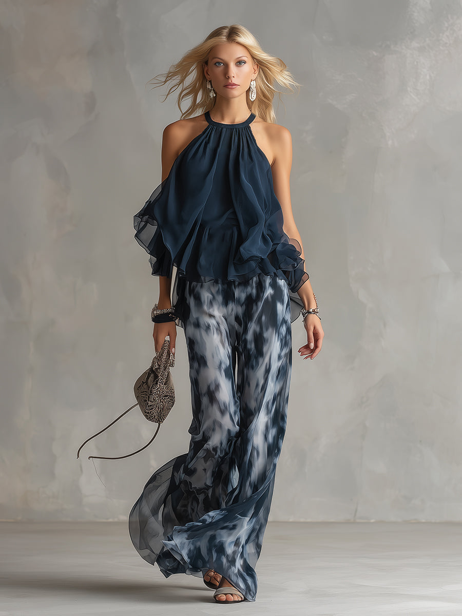 Ludovica - élégant en chiffon avec un haut à col montant et un pantalon large imprimé