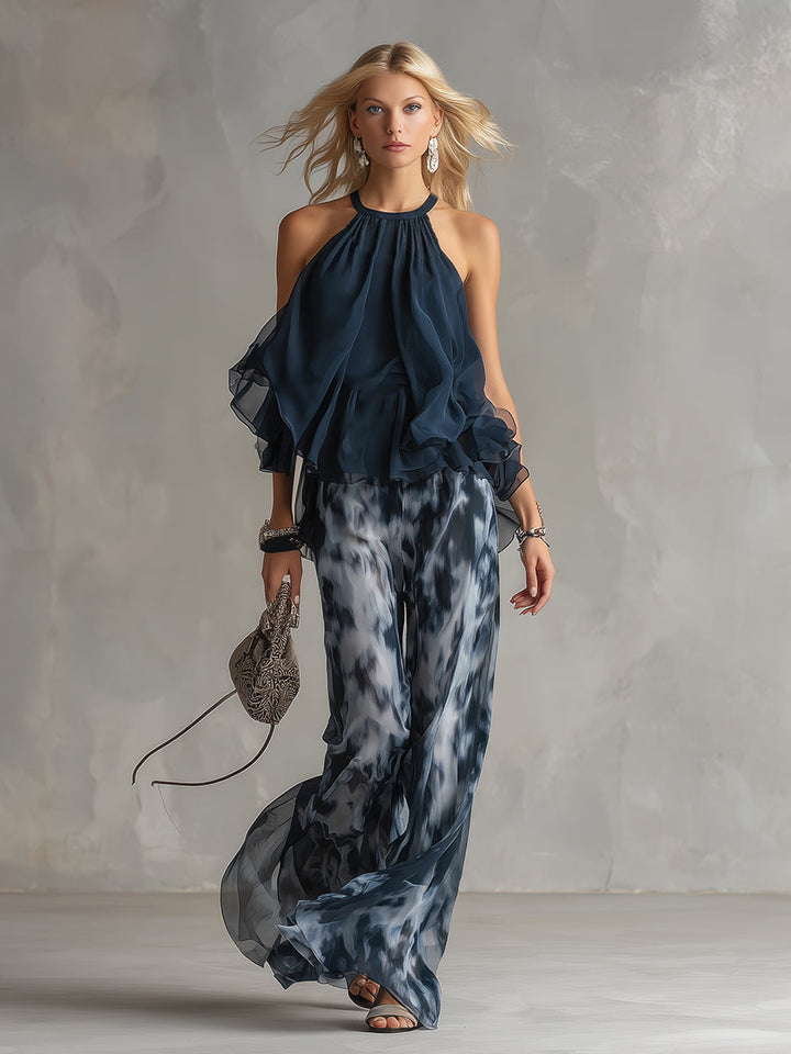 Ludovica - élégant en chiffon avec un haut à col montant et un pantalon large imprimé
