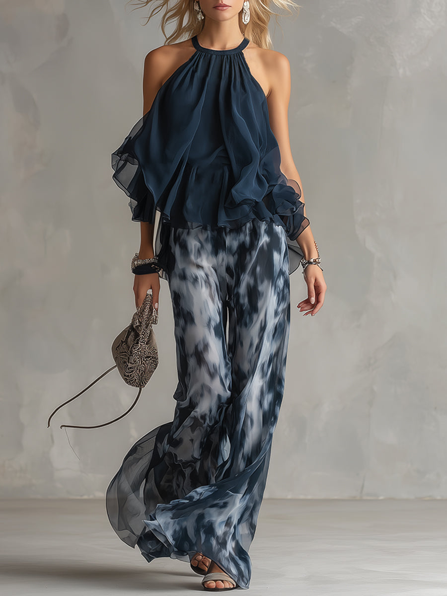 Ludovica - élégant en chiffon avec un haut à col montant et un pantalon large imprimé