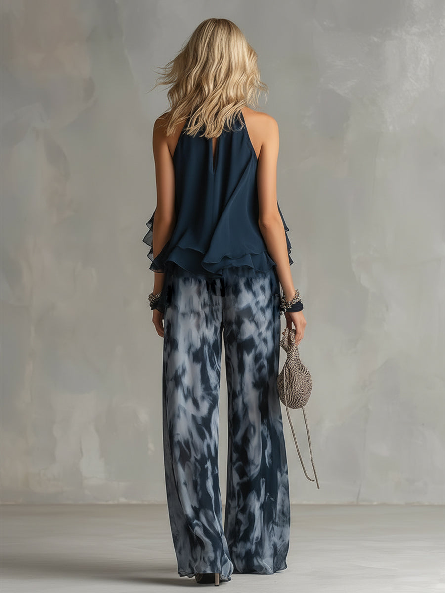 Ludovica - élégant en chiffon avec un haut à col montant et un pantalon large imprimé