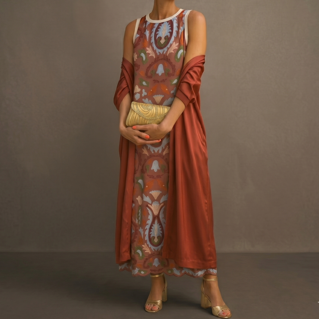 Aura | Robe Longue Imprimée avec Gilet Coordonné