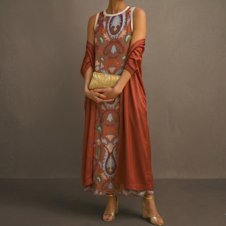 Aura | Robe Longue Imprimée avec Gilet Coordonné