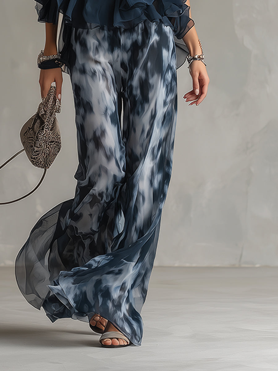 Ludovica - élégant en chiffon avec un haut à col montant et un pantalon large imprimé