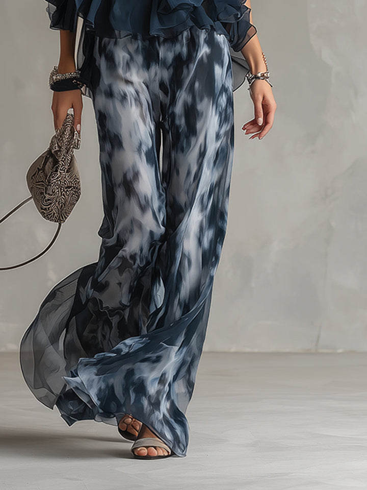 Ludovica - élégant en chiffon avec un haut à col montant et un pantalon large imprimé