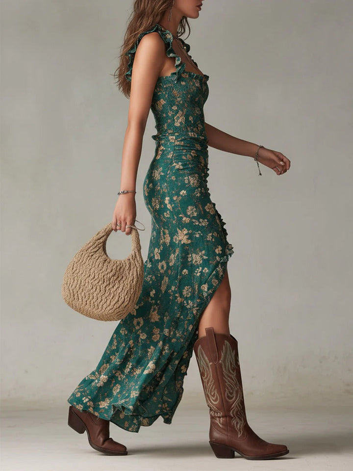 Zara | Robe maxi rétro boho avec manches fluides et fente sur le côté