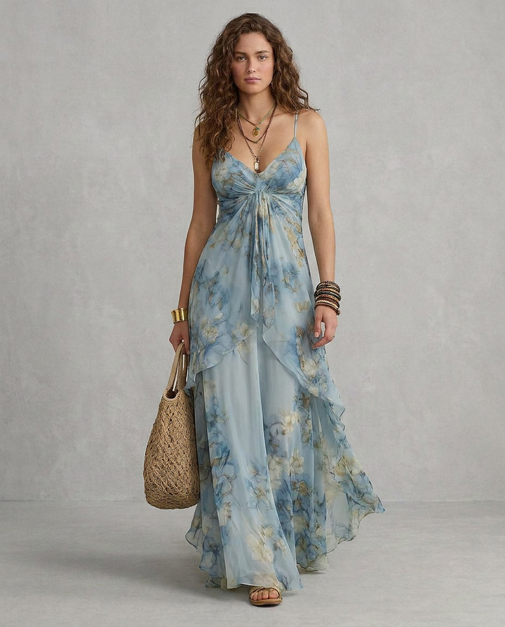 ELISA | Robe Maxi Slip Fleurie Azzurro