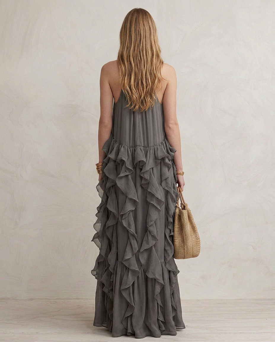 SERENA | Maxi Robe Grise avec Volants