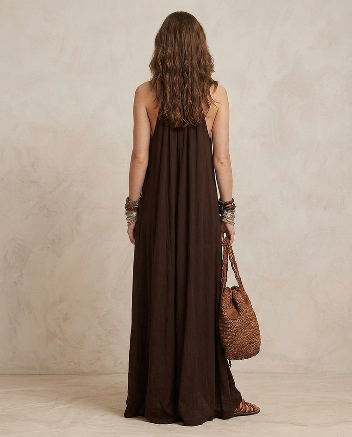 CAMILLA | Maxi Robe Halter Brun Foncé