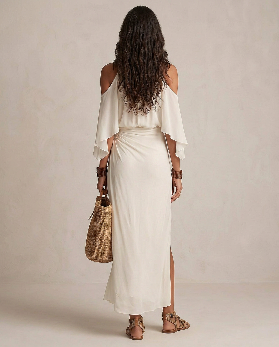 VALENTINA | Robe Midi Halter Ivoire Drapée